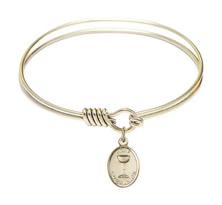 6 1/4 inch Round Eye Hook Hamilton Gold Bangle Bracelet with a 14kt Gold Filled Holy Communion charm.