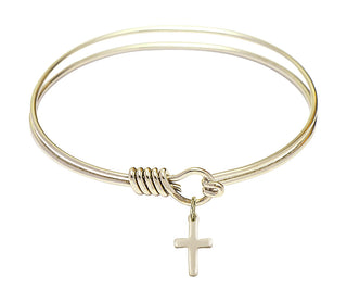 6 1/4 inch Round Eye Hook Hamilton Gold Bangle Bracelet with a 14kt Gold Filled Cross charm.
