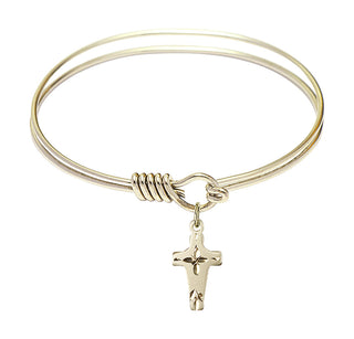 6 1/4 inch Round Eye Hook Hamilton Gold Bangle Bracelet with a 14kt Gold Filled Cross charm.