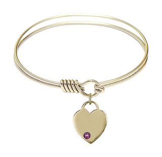 6 1/4 inch Round Eye Hook Hamilton Gold Bangle Bracelet with a 14kt Gold Filled Heart charm. Engraved Catholic Saint Jewelry