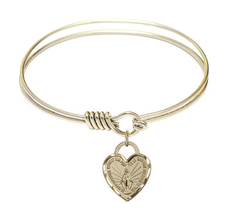 6 1/4 inch Round Eye Hook Hamilton Gold Bangle Bracelet with a 14kt Gold Filled Miraculous Heart charm. Engraved Catholic Saint Jewelry