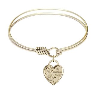 6 1/4 inch Round Eye Hook Hamilton Gold Bangle Bracelet with a 14kt Gold Filled Guardian Angel Heart charm. Engraved Catholic Saint Jewelry