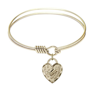 6 1/4 inch Round Eye Hook Hamilton Gold Bangle Bracelet with a 14kt Gold Filled Graduation Heart charm. Engraved Catholic Saint Jewelry