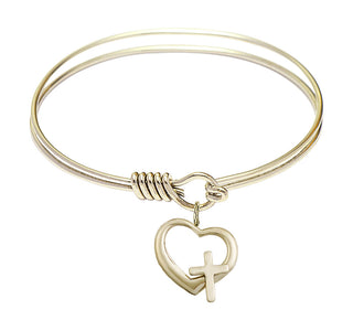 6 1/4 inch Round Eye Hook Hamilton Gold Bangle Bracelet with a 14kt Gold Filled Heart / Cross charm.