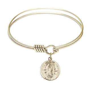 6 1/4 inch Round Eye Hook Hamilton Gold Bangle Bracelet with a 14kt Gold Filled Our Lady of Guadalupe charm.