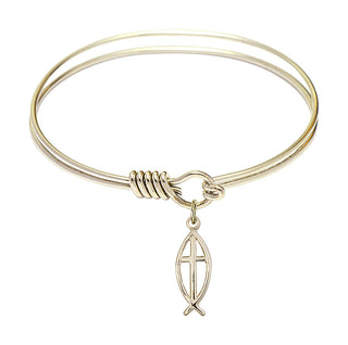 6 1/4 inch Round Eye Hook Hamilton Gold Bangle Bracelet with a 14kt Gold Filled Fish / Cross charm.