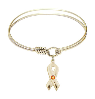 6 1/4 inch Round Eye Hook Hamilton Gold Bangle Bracelet with a 14kt Gold Filled Cancer Awareness charm.