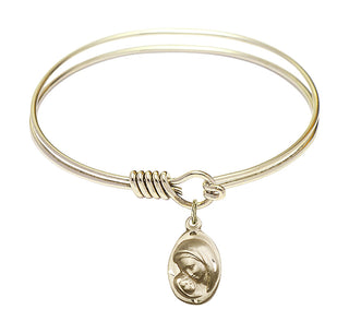 6 1/4 inch Round Eye Hook Hamilton Gold Bangle Bracelet with a 14kt Gold Filled Madonna & Child charm.