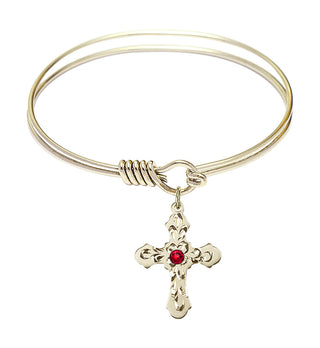 6 1/4 inch Round Eye Hook Hamilton Gold Bangle Bracelet with a 14kt Gold Filled Cross charm. Engraved Catholic Saint Jewelry