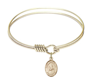 6 1/4 inch Round Eye Hook Hamilton Gold Bangle Bracelet with a 14kt Gold Filled Saint Bernadette charm. Engraved Catholic Saint Jewelry