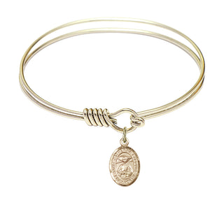 6 1/4 inch Round Eye Hook Hamilton Gold Bangle Bracelet with a 14kt Gold Filled Saint Catherine Laboure charm. Engraved Catholic Saint Jewelry