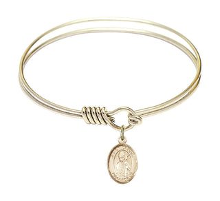 6 1/4 inch Round Eye Hook Hamilton Gold Bangle Bracelet with a 14kt Gold Filled Saint Dennis charm. Engraved Catholic Saint Jewelry