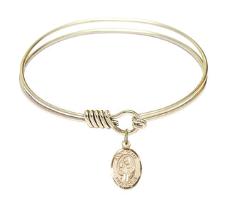 6 1/4 inch Round Eye Hook Hamilton Gold Bangle Bracelet with a 14kt Gold Filled Saint Clare of Assisi charm. Engraved Catholic Saint Jewelry