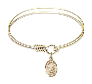 6 1/4 inch Round Eye Hook Hamilton Gold Bangle Bracelet with a 14kt Gold Filled Holy Spirit charm. Engraved Catholic Saint Jewelry