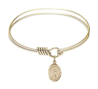 6 1/4 inch Round Eye Hook Hamilton Gold Bangle Bracelet with a 14kt Gold Filled Saint Joan of Arc charm. Engraved Catholic Saint Jewelry