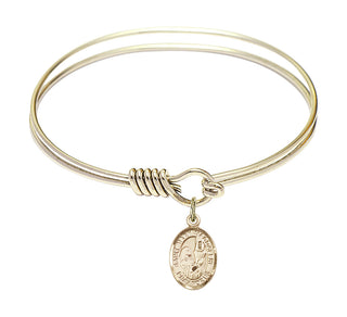 6 1/4 inch Round Eye Hook Hamilton Gold Bangle Bracelet with a 14kt Gold Filled Saint Mary Magdalene charm. Engraved Catholic Saint Jewelry