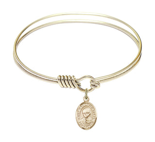 6 1/4 inch Round Eye Hook Hamilton Gold Bangle Bracelet with a 14kt Gold Filled Saint Maximilian Kolbe charm. Engraved Catholic Saint Jewelry