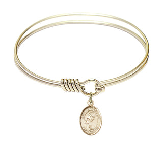 6 1/4 inch Round Eye Hook Hamilton Gold Bangle Bracelet with a 14kt Gold Filled Saint Philomena charm. Engraved Catholic Saint Jewelry