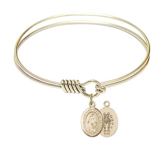 6 1/4 inch Round Eye Hook Hamilton Gold Bangle Bracelet with a 14kt Gold Filled Miraculous charm. Engraved Catholic Saint Jewelry