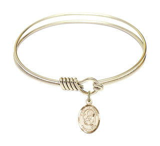 6 1/4 inch Round Eye Hook Hamilton Gold Bangle Bracelet with a 14kt Gold Filled Saint Raymond Nonnatus charm. Engraved Catholic Saint Jewelry