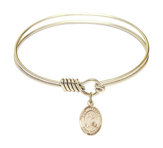 6 1/4 inch Round Eye Hook Hamilton Gold Bangle Bracelet with a 14kt Gold Filled Saint Raphael the Archangel charm. Engraved Catholic Saint Jewelry