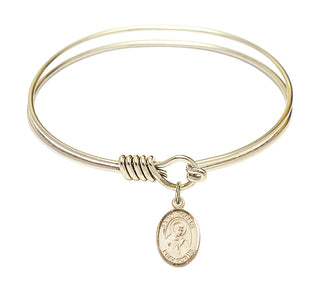 6 1/4 inch Round Eye Hook Hamilton Gold Bangle Bracelet with a 14kt Gold Filled Saint Robert Bellarmine charm. Engraved Catholic Saint Jewelry