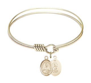 6 1/4 inch Round Eye Hook Hamilton Gold Bangle Bracelet with a 14kt Gold Filled Scapular charm. Engraved Catholic Saint Jewelry
