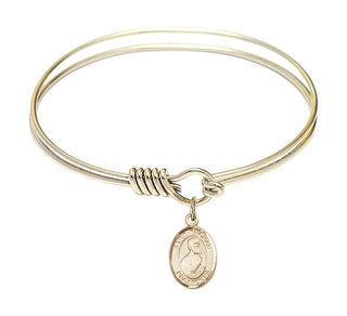 6 1/4 inch Round Eye Hook Hamilton Gold Bangle Bracelet with a 14kt Gold Filled Saint Thomas the Apostle charm. Engraved Catholic Saint Jewelry