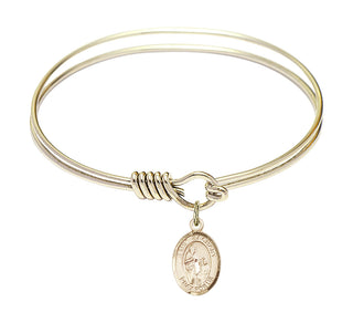 6 1/4 inch Round Eye Hook Hamilton Gold Bangle Bracelet with a 14kt Gold Filled Saint Zachary charm. Engraved Catholic Saint Jewelry