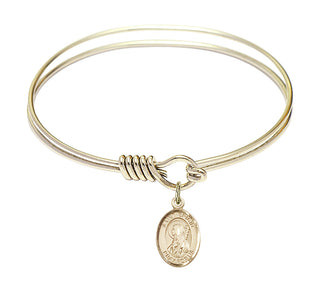 6 1/4 inch Round Eye Hook Hamilton Gold Bangle Bracelet with a 14kt Gold Filled Saint Brigid of Ireland charm. Engraved Catholic Saint Jewelry