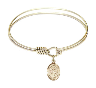 6 1/4 inch Round Eye Hook Hamilton Gold Bangle Bracelet with a 14kt Gold Filled Saint Ursula charm. Engraved Catholic Saint Jewelry