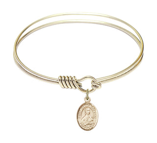 6 1/4 inch Round Eye Hook Hamilton Gold Bangle Bracelet with a 14kt Gold Filled Saint Gemma Galgani charm. Engraved Catholic Saint Jewelry