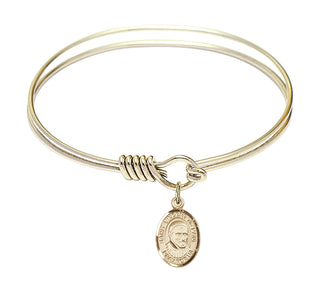 6 1/4 inch Round Eye Hook Hamilton Gold Bangle Bracelet with a 14kt Gold Filled Saint Vincent de Paul charm. Engraved Catholic Saint Jewelry