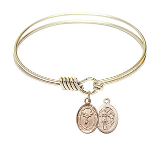 6 1/4 inch Round Eye Hook Hamilton Gold Bangle Bracelet with a 14kt Gold Filled Saint Sebastian/Cheerleading charm.