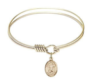 6 1/4 inch Round Eye Hook Hamilton Gold Bangle Bracelet with a 14kt Gold Filled Saint Stephanie charm. Engraved Catholic Saint Jewelry