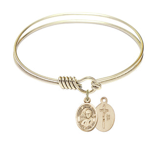 6 1/4 inch Round Eye Hook Hamilton Gold Bangle Bracelet with a 14kt Gold Filled Saint John Paul II charm.