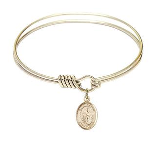 6 1/4 inch Round Eye Hook Hamilton Gold Bangle Bracelet with a 14kt Gold Filled Saint Aaron charm. Engraved Catholic Saint Jewelry