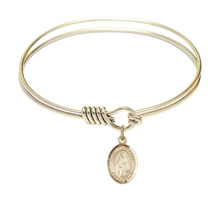 6 1/4 inch Round Eye Hook Hamilton Gold Bangle Bracelet with a 14kt Gold Filled Saint Hildegard von Bingen charm. Engraved Catholic Saint Jewelry