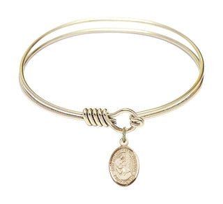 6 1/4 inch Round Eye Hook Hamilton Gold Bangle Bracelet with a 14kt Gold Filled St Elizabeth of the Visitation charm. Engraved Catholic Saint Jewelry