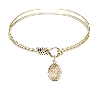 6 1/4 inch Round Eye Hook Hamilton Gold Bangle Bracelet with a 14kt Gold Filled Saint Christina the Astonishing charm. Engraved Catholic Saint Jewelry