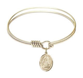 6 1/4 inch Round Eye Hook Hamilton Gold Bangle Bracelet with a 14kt Gold Filled Saint Edburga of Winchester charm. Engraved Catholic Saint Jewelry