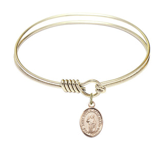 6 1/4 inch Round Eye Hook Hamilton Gold Bangle Bracelet with a 14kt Gold Filled Saint John of Capistrano charm. Engraved Catholic Saint Jewelry