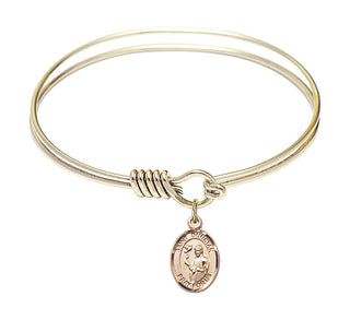 6 1/4 inch Round Eye Hook Hamilton Gold Bangle Bracelet with a 14kt Gold Filled Saint Dunstan charm. Engraved Catholic Saint Jewelry