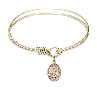 6 1/4 inch Round Eye Hook Hamilton Gold Bangle Bracelet with a 14kt Gold Filled Saint Bernadine of Sienna charm. Engraved Catholic Saint Jewelry