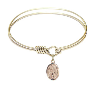 6 1/4 inch Round Eye Hook Hamilton Gold Bangle Bracelet with a 14kt Gold Filled Our Lady of Assumption charm. Engraved Catholic Saint Jewelry
