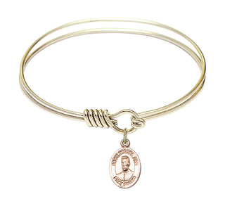 6 1/4 inch Round Eye Hook Hamilton Gold Bangle Bracelet with a 14kt Gold Filled Blessed Miguel Pro charm. Engraved Catholic Saint Jewelry