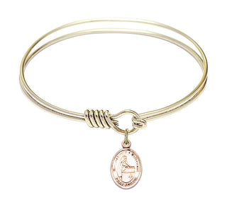 6 1/4 inch Round Eye Hook Hamilton Gold Bangle Bracelet with a 14kt Gold Filled Blessed Emilee Doultremont charm. Engraved Catholic Saint Jewelry
