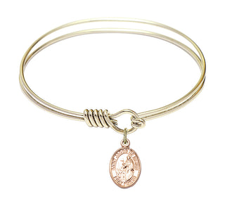 6 1/4 inch Round Eye Hook Hamilton Gold Bangle Bracelet with a 14kt Gold Filled Saint Jacob of Nisibis charm. Engraved Catholic Saint Jewelry