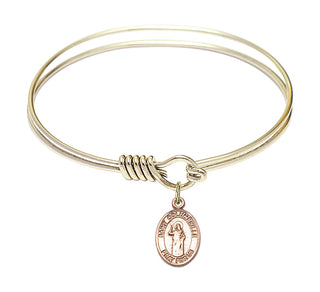 6 1/4 inch Round Eye Hook Hamilton Gold Bangle Bracelet with a 14kt Gold Filled Saint Columbkille charm. Engraved Catholic Saint Jewelry
