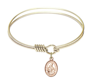 6 1/4 inch Round Eye Hook Hamilton Gold Bangle Bracelet with a 14kt Gold Filled Saint Margaret of Scotland charm. Engraved Catholic Saint Jewelry